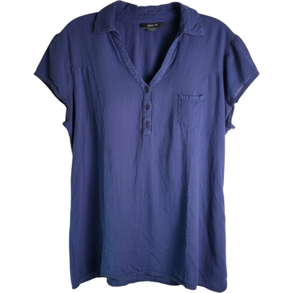 Paper Tee Henley‎ Top Women XL Navy Blue Short Sleeve Pocket Cotton Blend